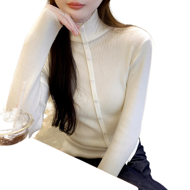 Cardigan tricotat din lână pentru femei, guler înalt, croială slim, mâneci lungi, toamnă 2025
