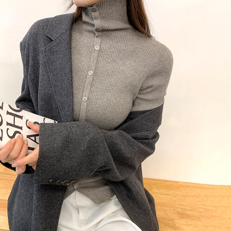 Cardigan tricotat din lână pentru femei, guler înalt, croială slim, mâneci lungi, toamnă 2025