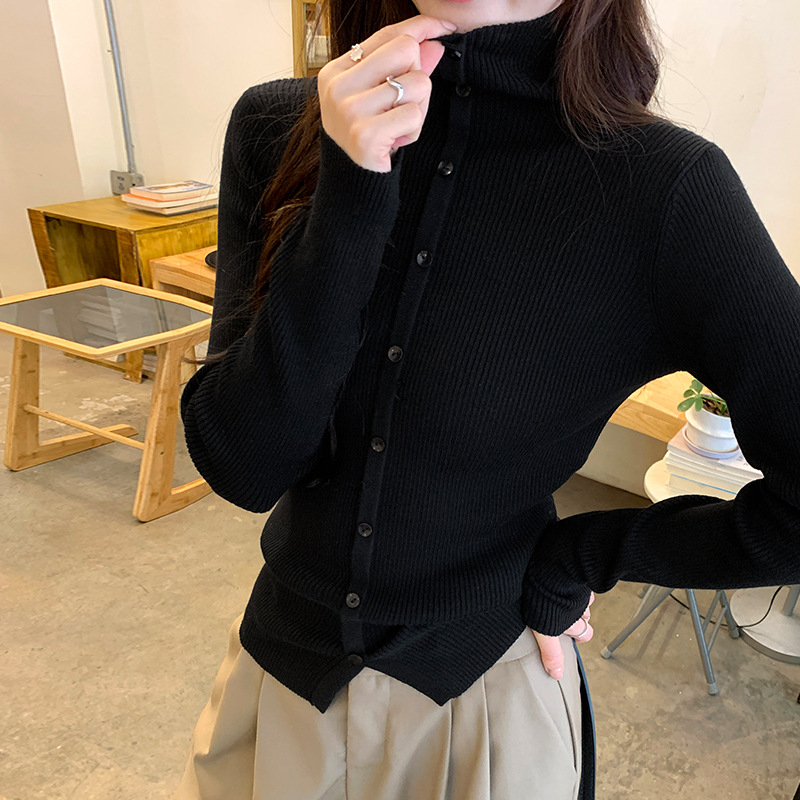 Cardigan tricotat din lână pentru femei, guler înalt, croială slim, mâneci lungi, toamnă 2025