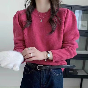 Pulover din lână cu mâneci bufante, guler rotund, model solid, tricot gros, lungime regulată