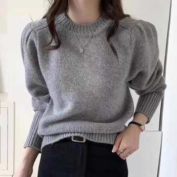 Pulover din lână cu mâneci bufante, guler rotund, model solid, tricot gros, lungime regulată