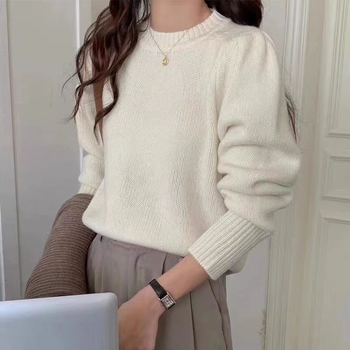 Pulover din lână cu mâneci bufante, guler rotund, model solid, tricot gros, lungime regulată