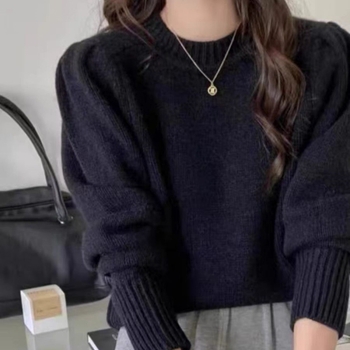 Pulover din lână cu mâneci bufante, guler rotund, model solid, tricot gros, lungime regulată