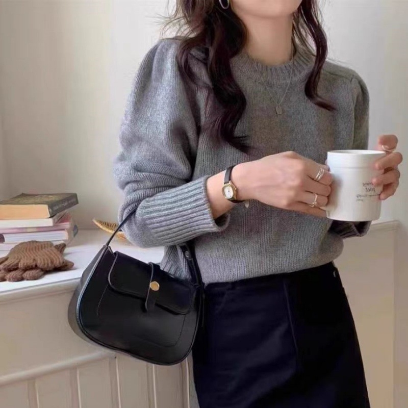 Pulover din lână cu mâneci bufante, guler rotund, model solid, tricot gros, lungime regulată