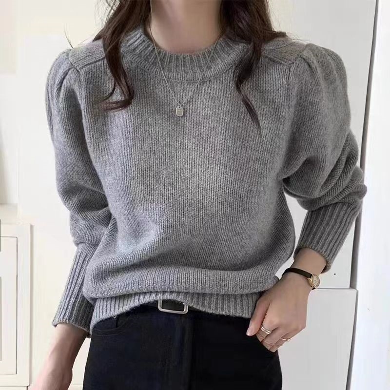 Pulover din lână cu mâneci bufante, guler rotund, model solid, tricot gros, lungime regulată