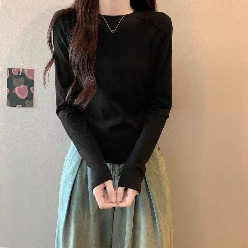 Top de bază cu mâneci lungi – catifea plușată, model clasic, croială oversize, guler rotund