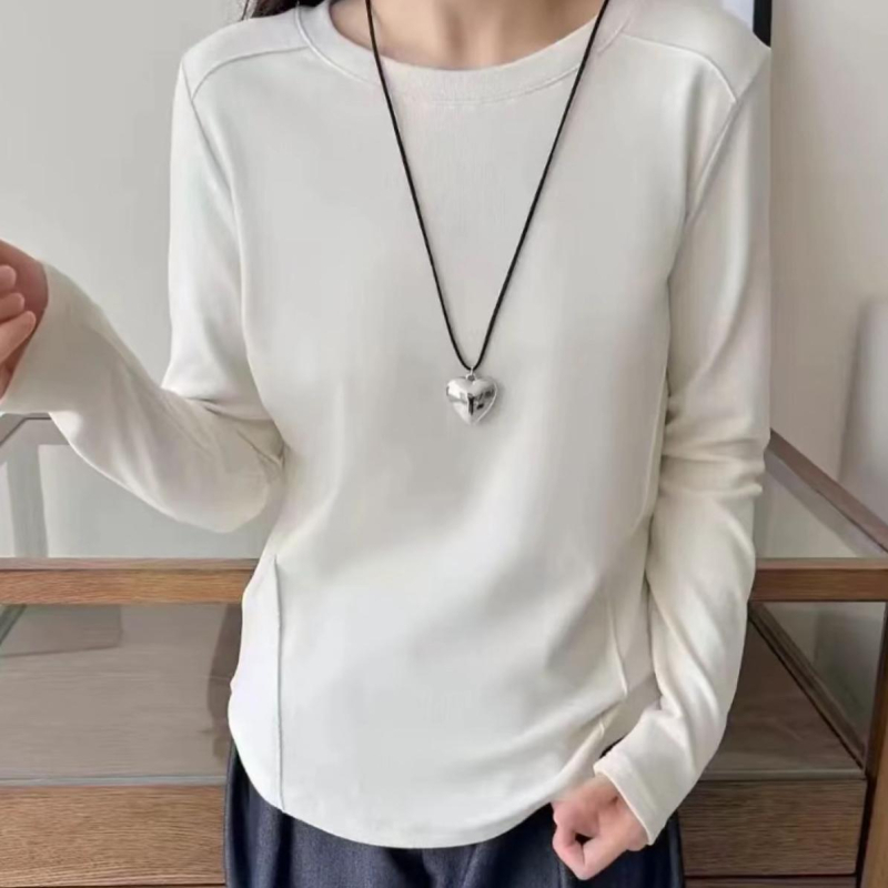 Top de bază cu mâneci lungi – catifea plușată, model clasic, croială oversize, guler rotund