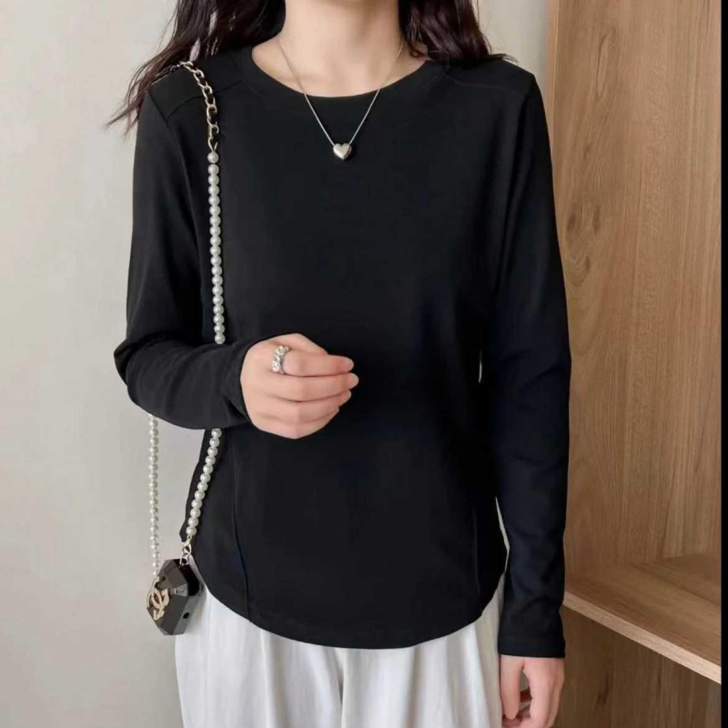 Top de bază cu mâneci lungi – catifea plușată, model clasic, croială oversize, guler rotund