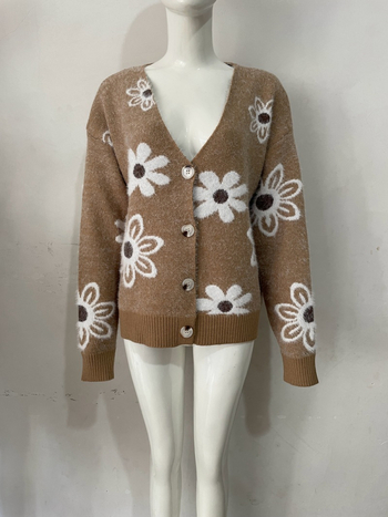 Cardigan-pulover cu jacquard floral, amestec acrilic-poliester, decolteu în V, mâneci lungi, croială lejeră