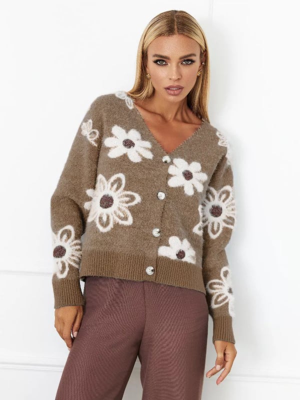Cardigan-pulover cu jacquard floral, amestec acrilic-poliester, decolteu în V, mâneci lungi, croială lejeră