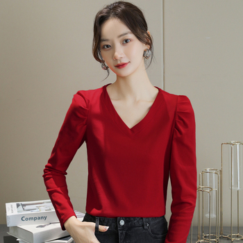 Tricou cu mânecă lungă, stil pulover, decolteu în V, slim fit, bumbac 80–90%