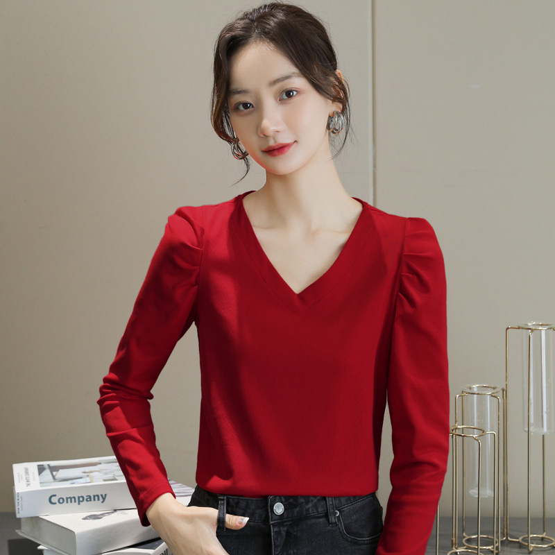 Tricou cu mânecă lungă, stil pulover, decolteu în V, slim fit, bumbac 80–90%