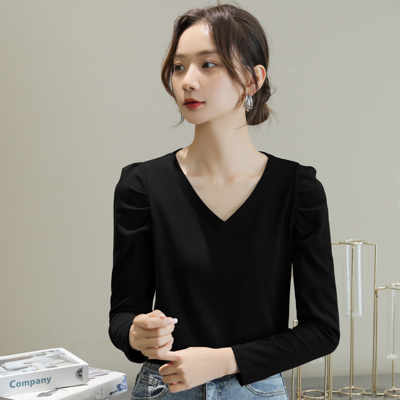 Tricou cu mânecă lungă, stil pulover, decolteu în V, slim fit, bumbac 80–90%