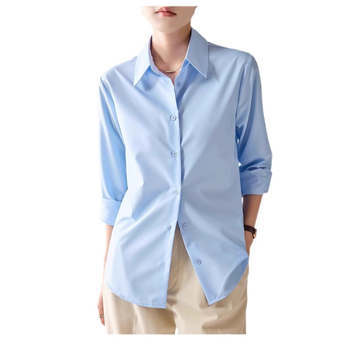 Sieviešu garās piedurknes krekliņš no kokvilnas-līna maisījuma, vienkrāsains, polo apkakle, taisa griezuma, pogu priekšējais aizdare, garums 50–65 cm