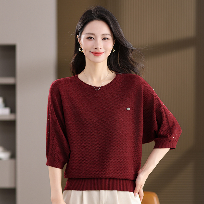 Pulover cu mâneci batwing, tricot din amestec de lână, guler rotund, mâneci 3/4