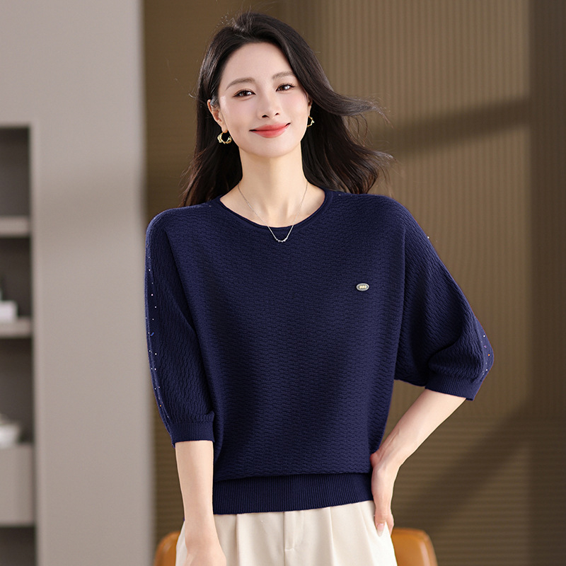 Pulover cu mâneci batwing, tricot din amestec de lână, guler rotund, mâneci 3/4