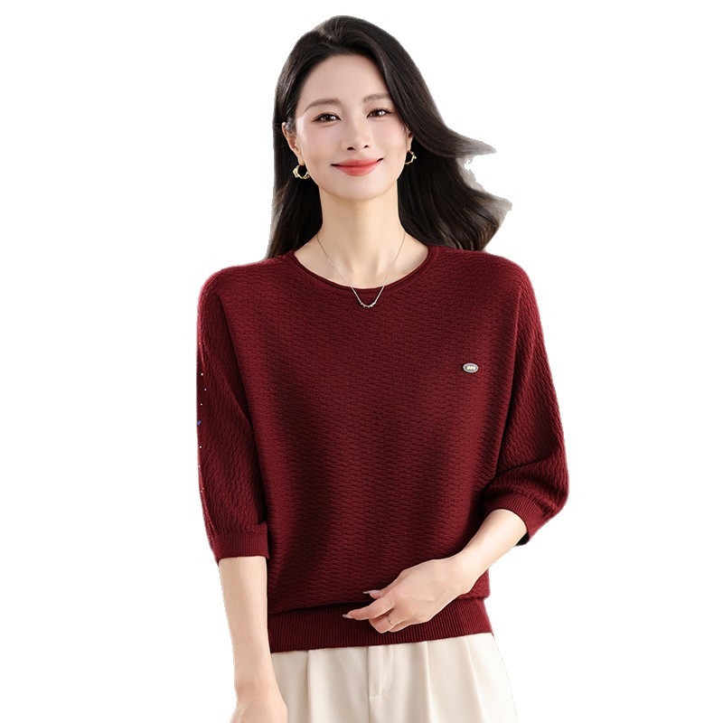 Pulover cu mâneci batwing, tricot din amestec de lână, guler rotund, mâneci 3/4