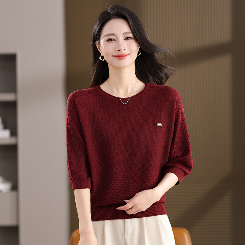 Pulover cu mâneci batwing, tricot din amestec de lână, guler rotund, mâneci 3/4