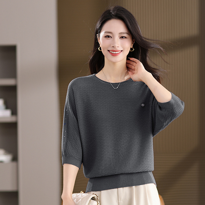 Pulover cu mâneci batwing, tricot din amestec de lână, guler rotund, mâneci 3/4