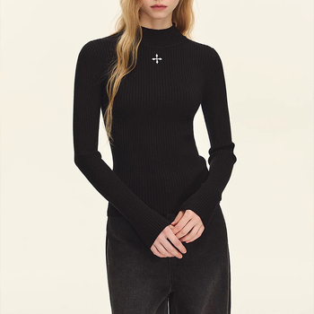 Moses Queen Ribani pleteni top za jesen, uski kroj, dugi rukavi, polu-visoki ovratnik, viskoza-elastan smjesa