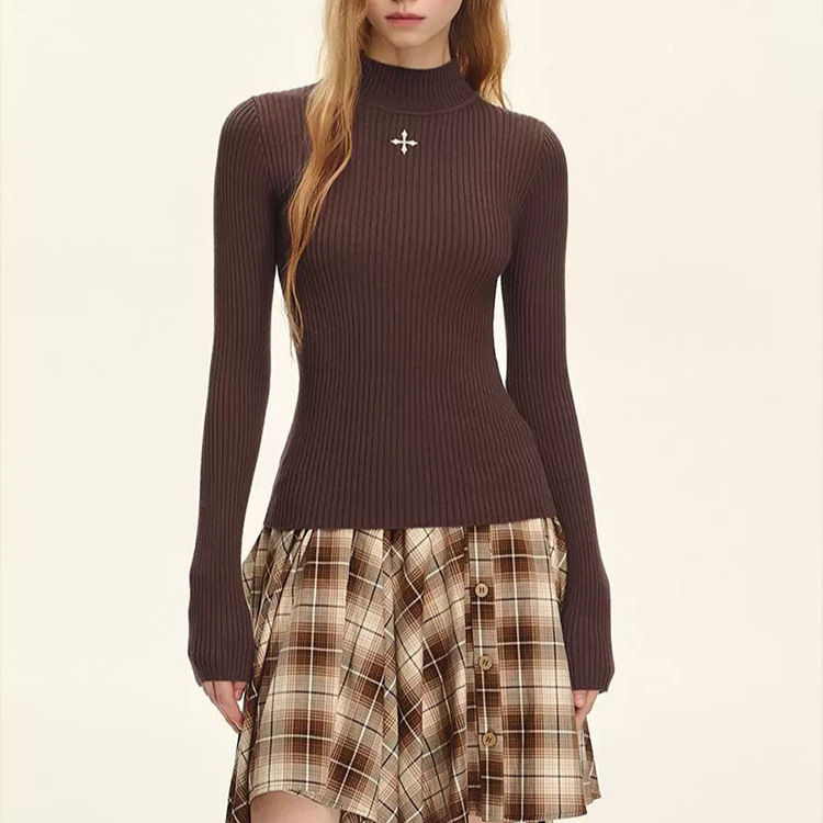 Moses Queen Ribani pleteni top za jesen, uski kroj, dugi rukavi, polu-visoki ovratnik, viskoza-elastan smjesa