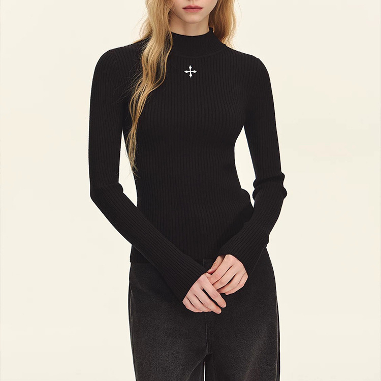 Moses Queen Ribani pleteni top za jesen, uski kroj, dugi rukavi, polu-visoki ovratnik, viskoza-elastan smjesa