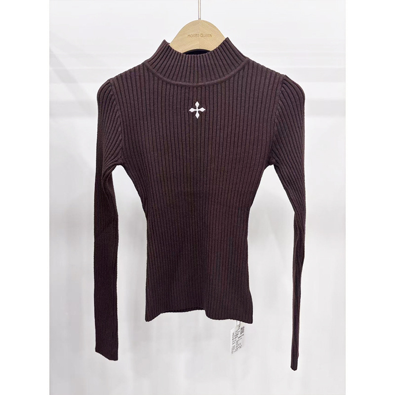 Moses Queen Ribani pleteni top za jesen, uski kroj, dugi rukavi, polu-visoki ovratnik, viskoza-elastan smjesa