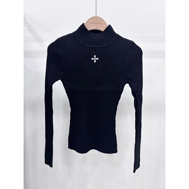 Moses Queen Ribani pleteni top za jesen, uski kroj, dugi rukavi, polu-visoki ovratnik, viskoza-elastan smjesa