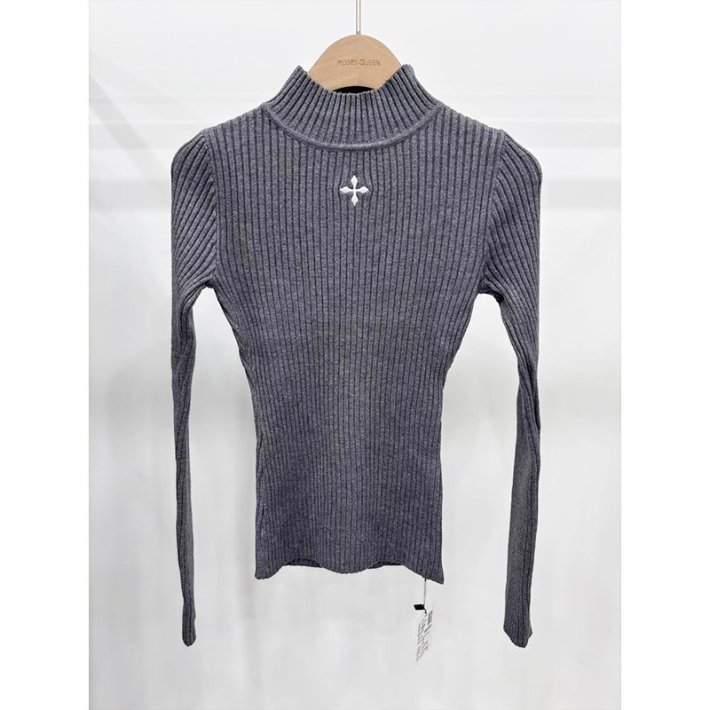 Moses Queen Ribani pleteni top za jesen, uski kroj, dugi rukavi, polu-visoki ovratnik, viskoza-elastan smjesa
