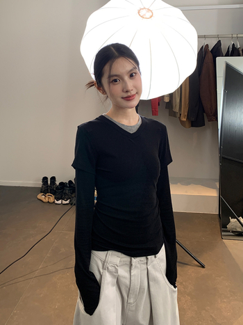 Tricou T-shirt Lyocell (80-90%), mâneci lungi, guler dublu, croială slim