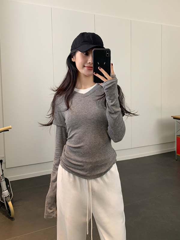 Tricou T-shirt Lyocell (80-90%), mâneci lungi, guler dublu, croială slim