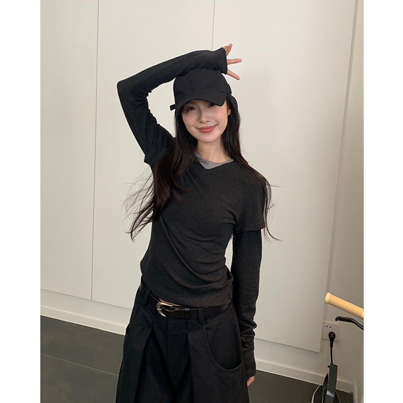 Tricou T-shirt Lyocell (80-90%), mâneci lungi, guler dublu, croială slim