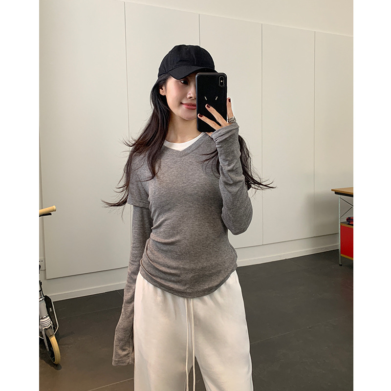 Tricou T-shirt Lyocell (80-90%), mâneci lungi, guler dublu, croială slim