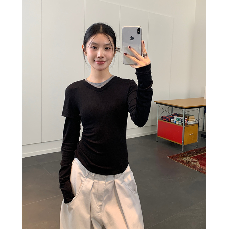 Tricou T-shirt Lyocell (80-90%), mâneci lungi, guler dublu, croială slim