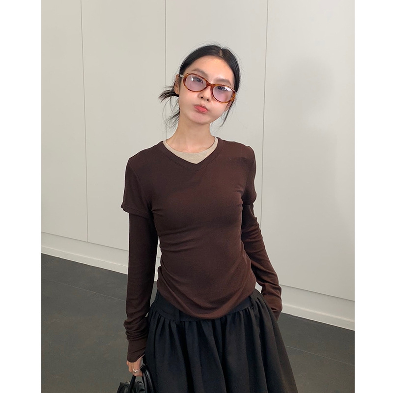 Tricou T-shirt Lyocell (80-90%), mâneci lungi, guler dublu, croială slim