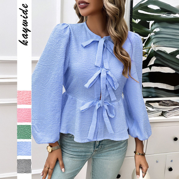 Полиестерна риза, съдържание 95%+, шарка с ивици/решетка, дълги пухести ръкави, връзка отпред