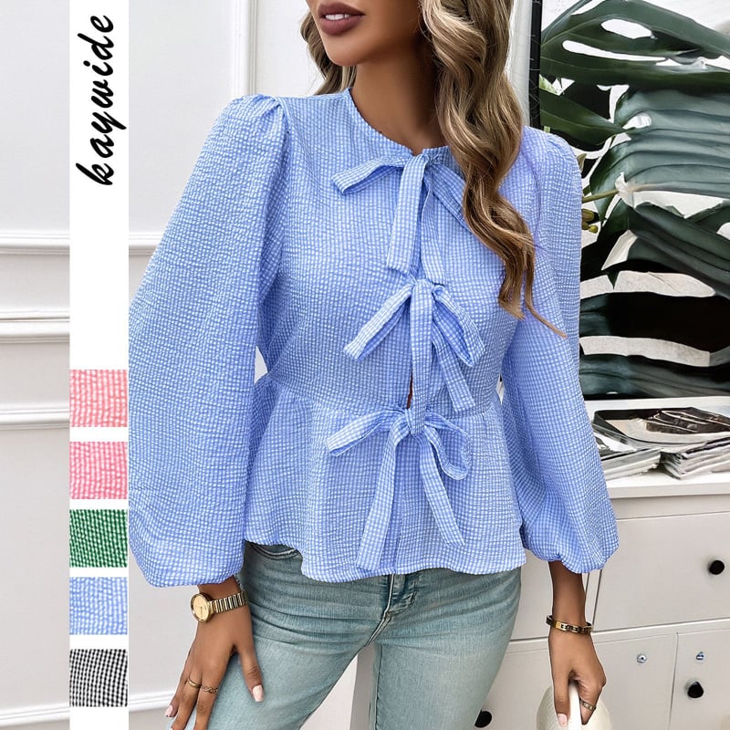 Полиестерна риза, съдържание 95%+, шарка с ивици/решетка, дълги пухести ръкави, връзка отпред