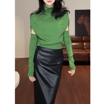 Top tricotat pentru femei cu guler înalt și mâneci batwing, croială slim