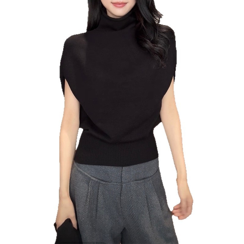 Top tricotat pentru femei cu guler înalt și mâneci batwing, croială slim