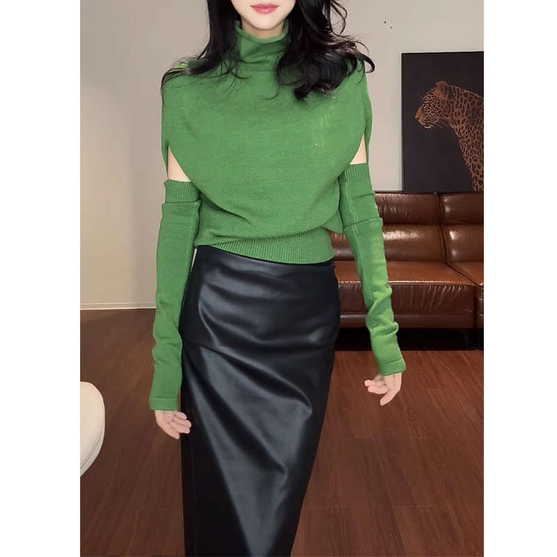 Top tricotat pentru femei cu guler înalt și mâneci batwing, croială slim