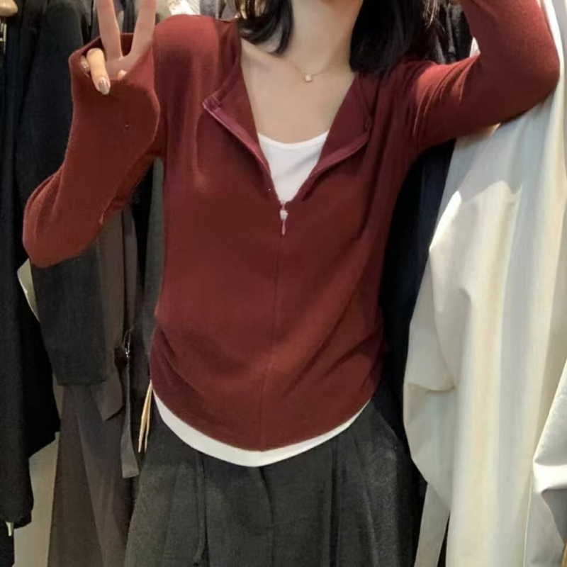 Tricou de bază cu mânecă lungă, model color-block, design colaj, croială slim-fit, amestec din bumbac-poliester cu cașmir, lungime normală 50–65 cm