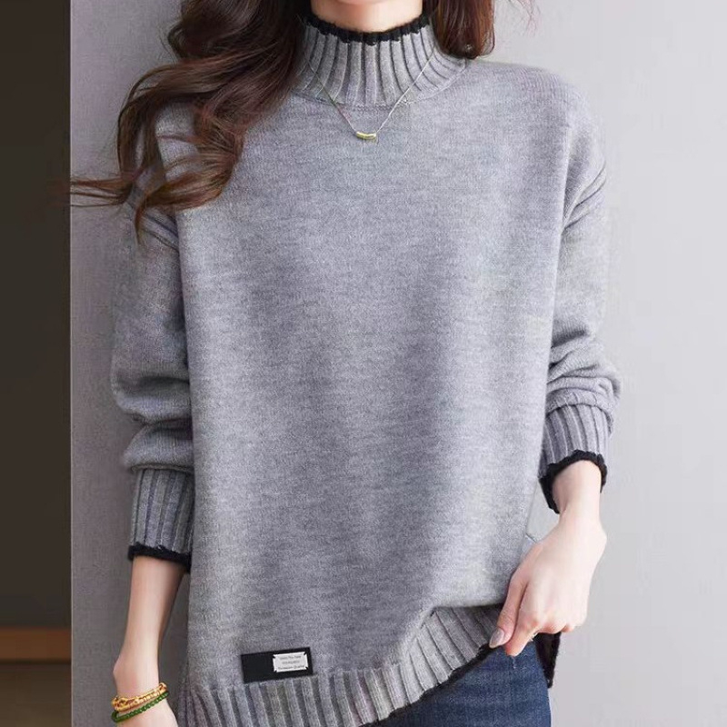 Pulover tricotat pentru femei cu glugă – tricot gros, guler semi-înalt, mâneci lungi, croială normală