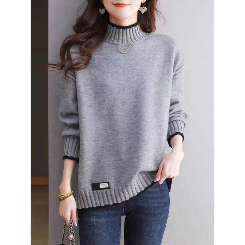 Pulover tricotat pentru femei cu glugă – tricot gros, guler semi-înalt, mâneci lungi, croială normală