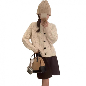 Cardigan tricotat pentru femei, stil coreean, toamnă-iarnă, cu fundă, model cu puncte 3D, croială lejeră, guler rotund