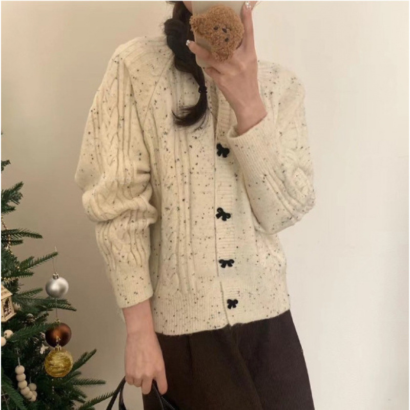 Cardigan tricotat pentru femei, stil coreean, toamnă-iarnă, cu fundă, model cu puncte 3D, croială lejeră, guler rotund