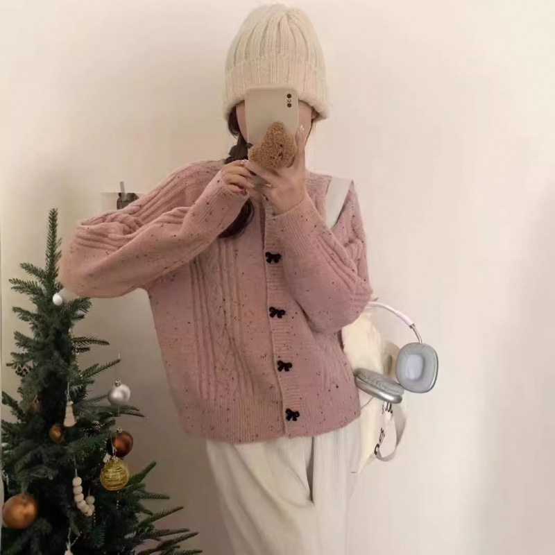 Cardigan tricotat pentru femei, stil coreean, toamnă-iarnă, cu fundă, model cu puncte 3D, croială lejeră, guler rotund