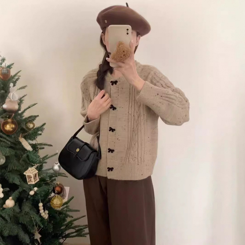 Cardigan tricotat pentru femei, stil coreean, toamnă-iarnă, cu fundă, model cu puncte 3D, croială lejeră, guler rotund