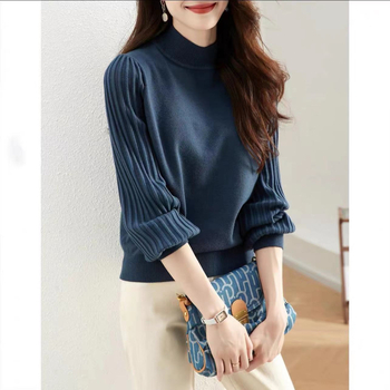 Pulover tricotat de damă din bumbac, guler semiînalt și mâneci stil lantern, croială lejeră, toamnă 2024