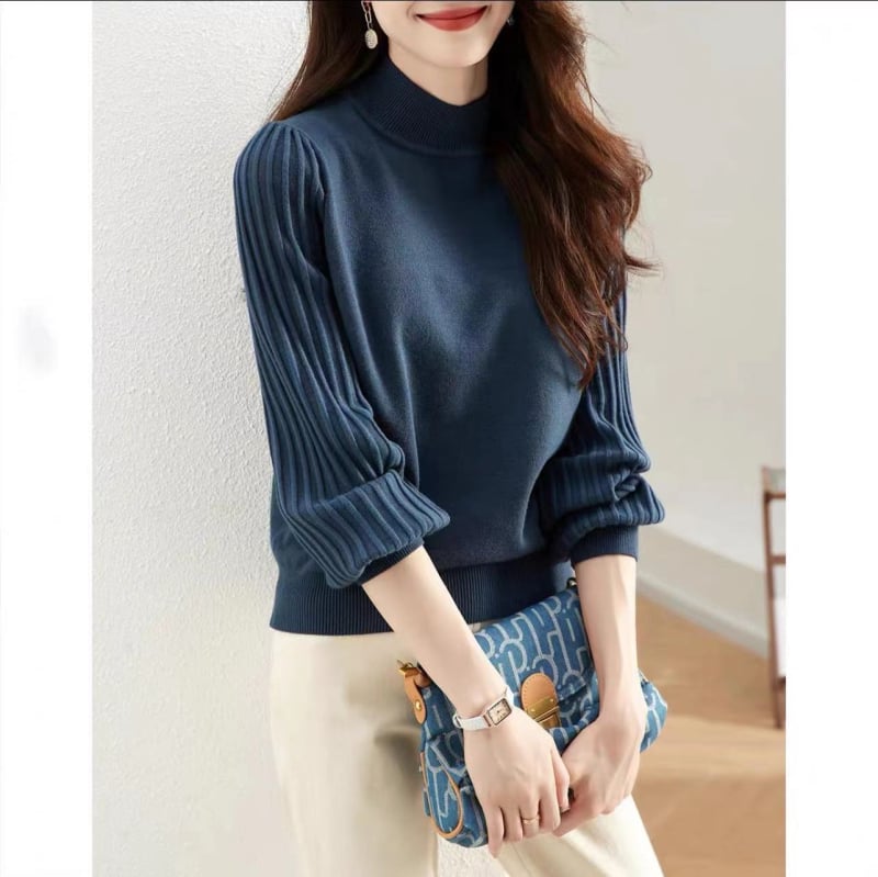Pulover tricotat de damă din bumbac, guler semiînalt și mâneci stil lantern, croială lejeră, toamnă 2024