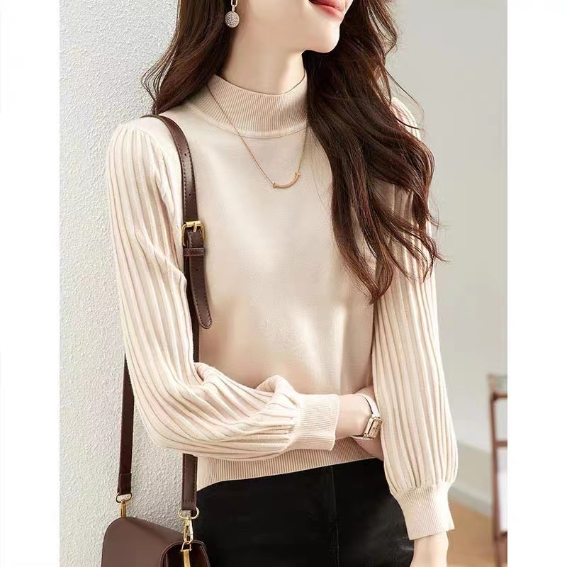 Pulover tricotat de damă din bumbac, guler semiînalt și mâneci stil lantern, croială lejeră, toamnă 2024